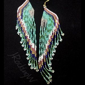Beaded Peacock Green Feather Shoulder Duster Earrings